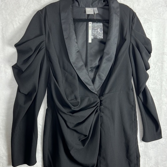 ASOS Curve Black Drape Ruched Long Sleeve Deep Vneck Sexy Tux Blazer Mini Dress - Picture 5 of 16